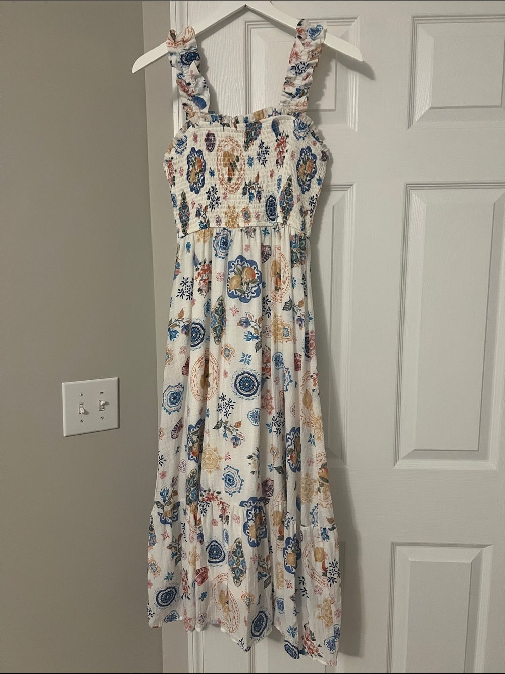 Blu Pepper White Maxi Dress with Blue, Navy, Mustard & Rust Medallion Print
